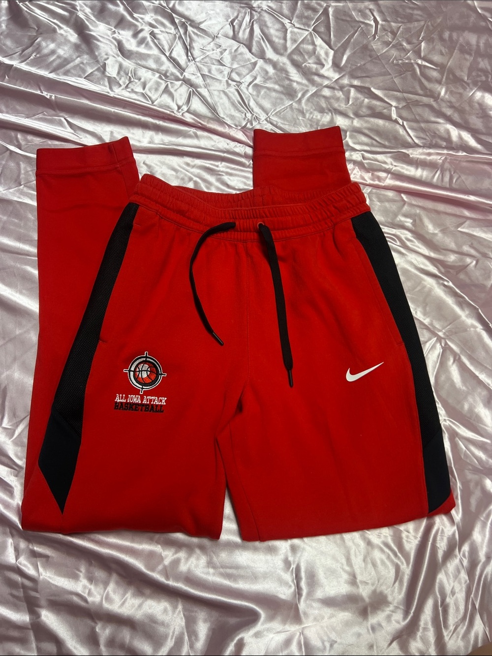 Nike Red Joggers with Black Side Panels and White Swoosh
